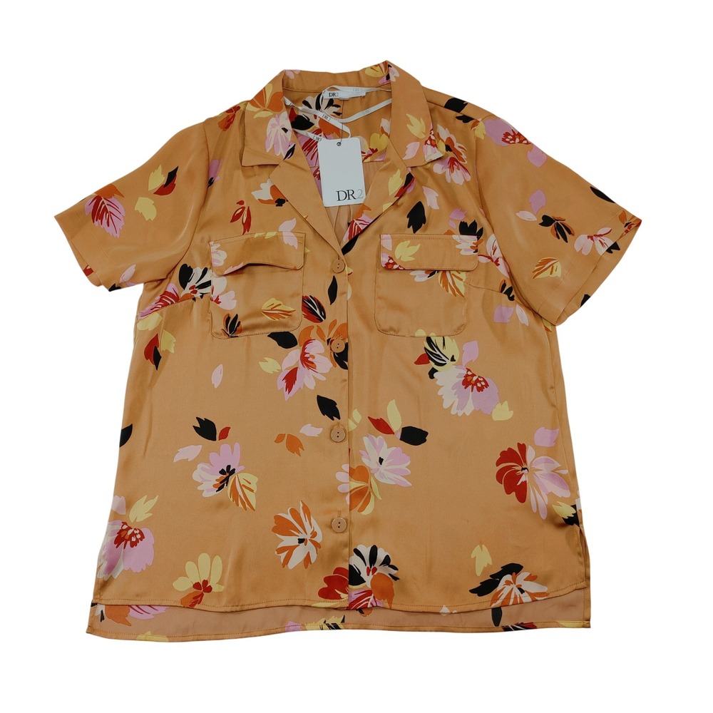 DR2 Daniel Rainn Tan Floral Satin Button‎ Down Blouse Short Sleeve Size L